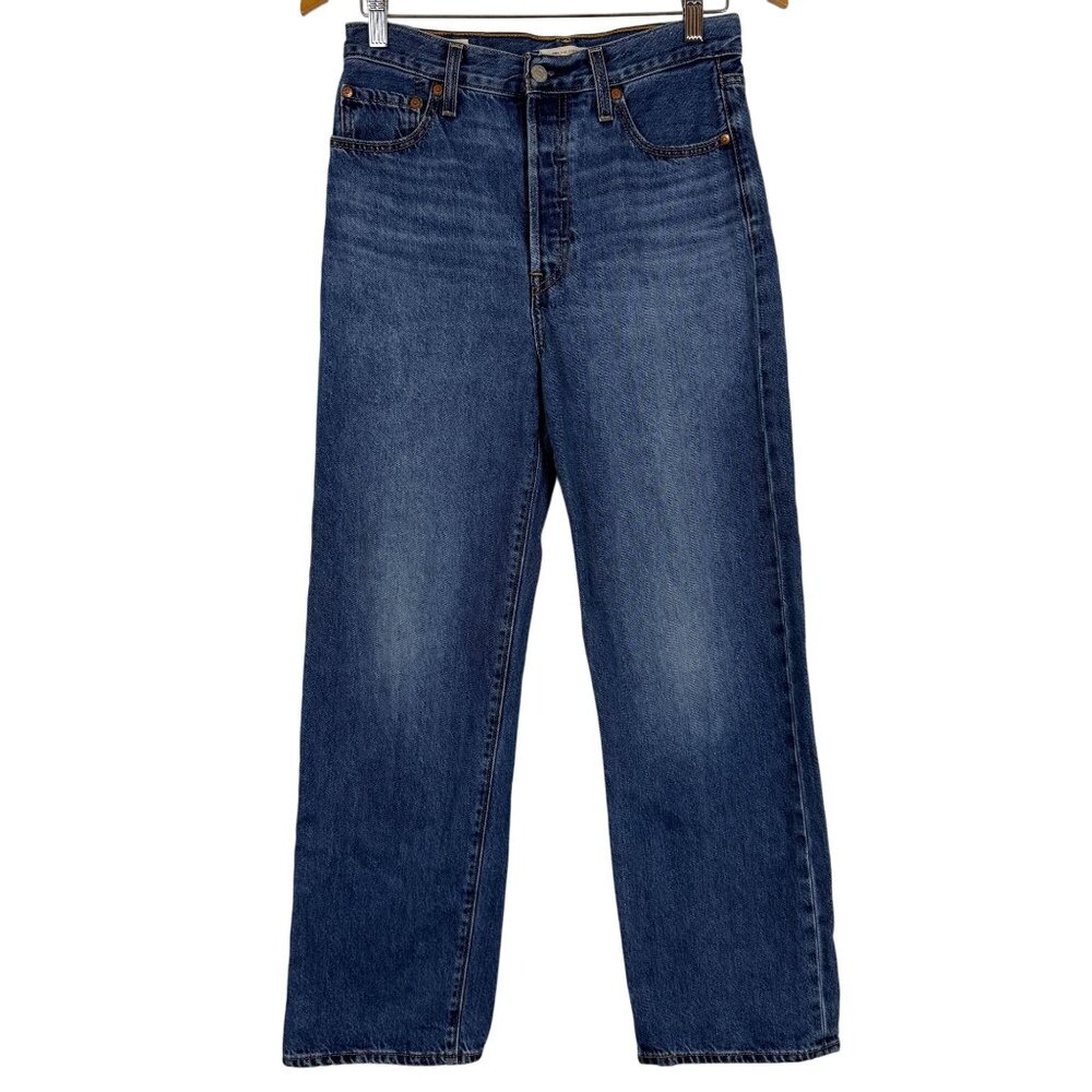 Levi's Premium Ribcage Straight Jeans Tag 28/29 Button Fly Big E High Rise Blue